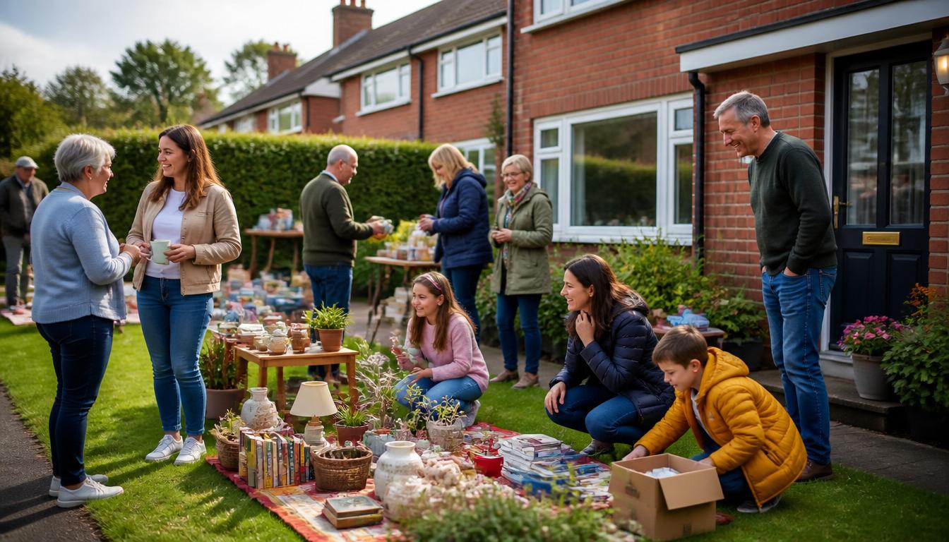 Neighbours smiling and browsing stock at a front garden sale in Northern Ireland